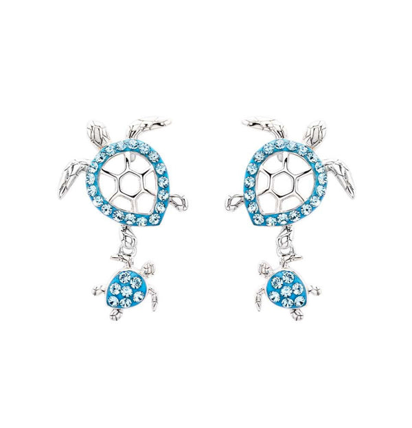 Sterling Silver Aqua Crystal Turtle Earrings