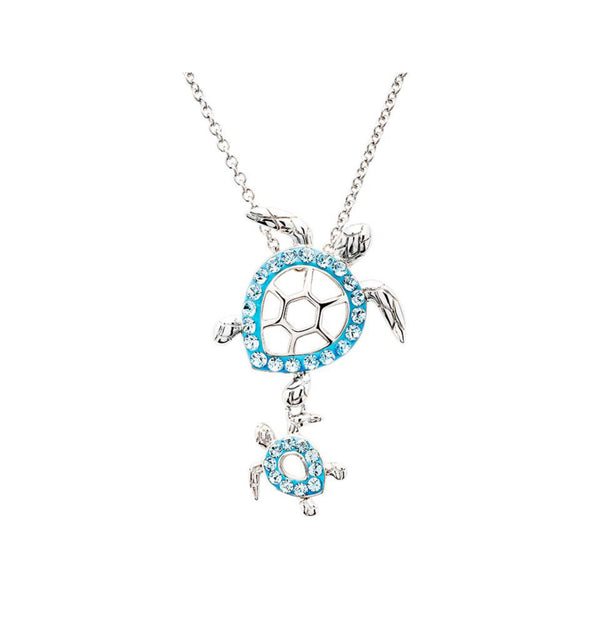 Sterling Silver Aqua Crystal Turtle Necklace
