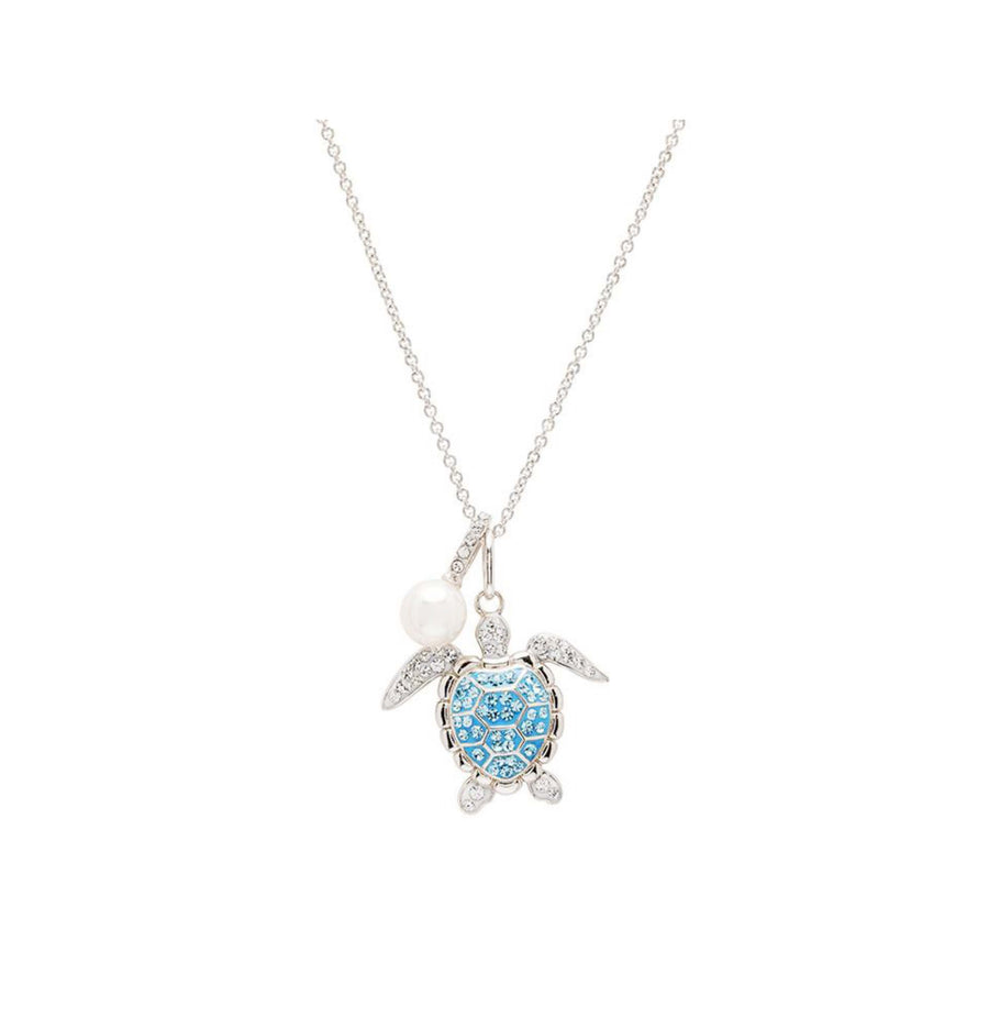 Sterling Silver Aquamarine Crystal Pearl Turtle Necklace