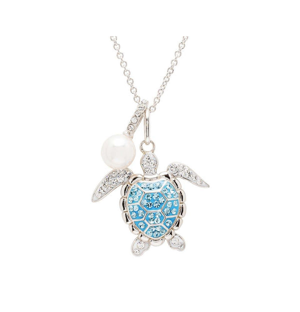 Sterling Silver Aquamarine Crystal Pearl Turtle Necklace