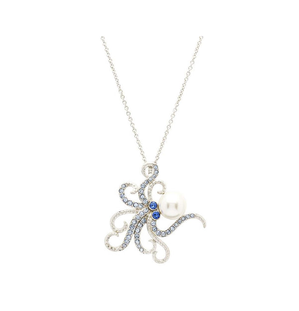 Sterling Silver Pearl with Blue Crystal Octopus Necklace