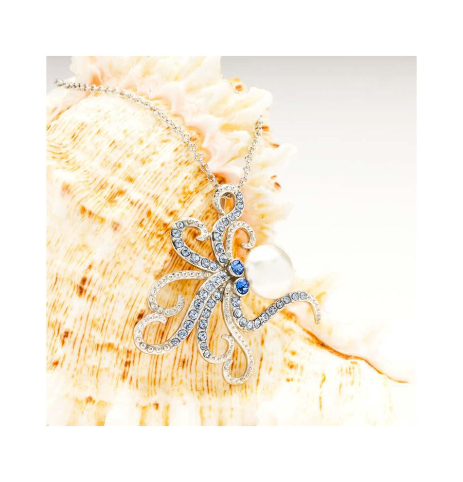 Sterling Silver Pearl with Blue Crystal Octopus Necklace