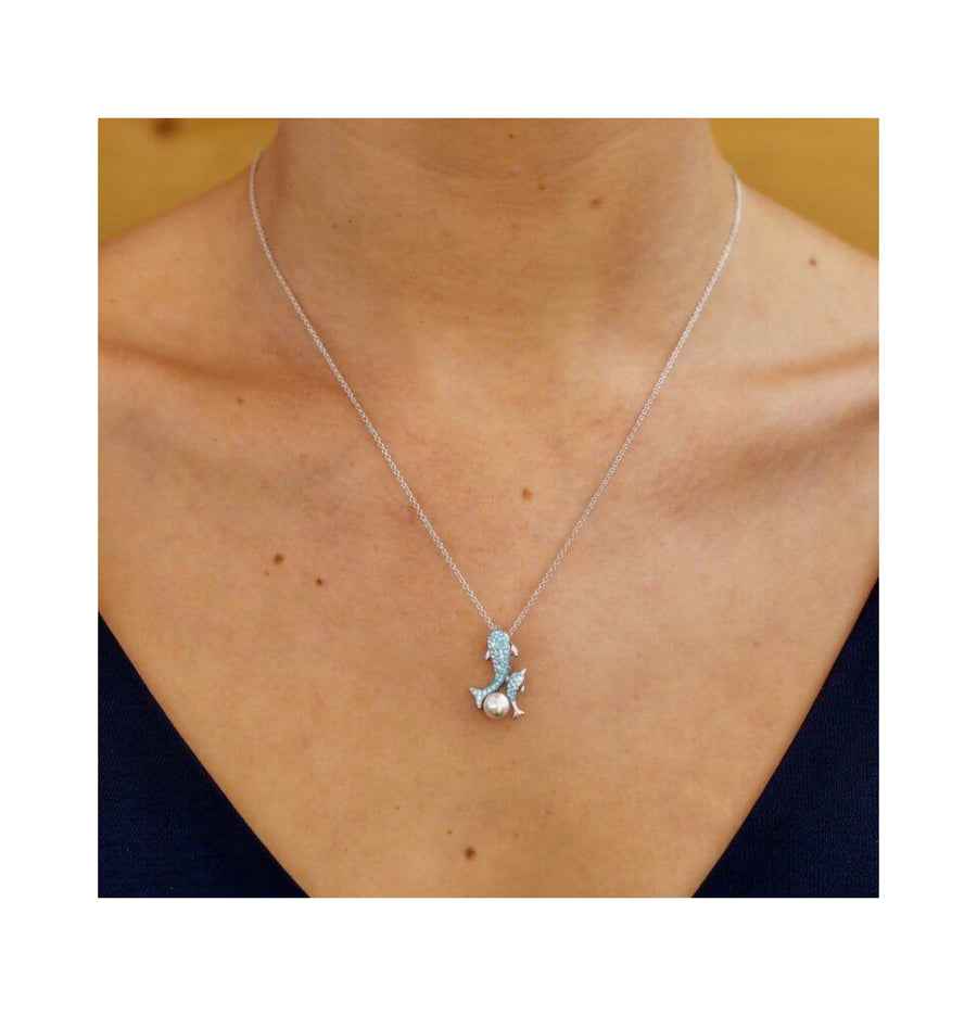 Sterling Silver Dolphin Pearl Necklace With Crystals