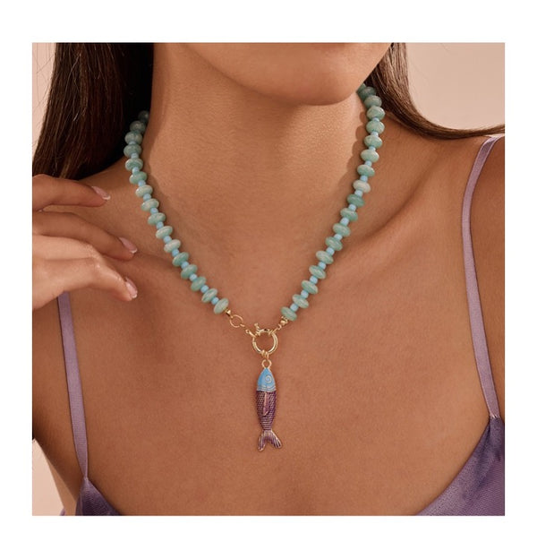 Beaded Fish Necklace - Aqua