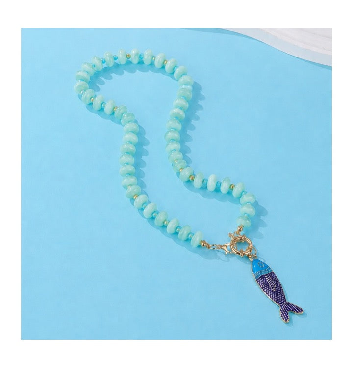 Beaded Fish Necklace - Aqua