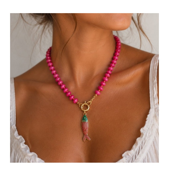 Beaded Fish Necklace - Bright Pink