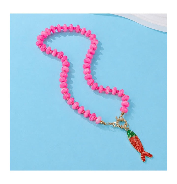 Beaded Fish Necklace - Bright Pink