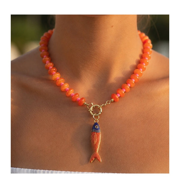 Beaded Fish Necklace - Orange