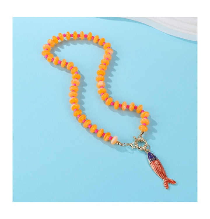 Beaded Fish Necklace - Orange