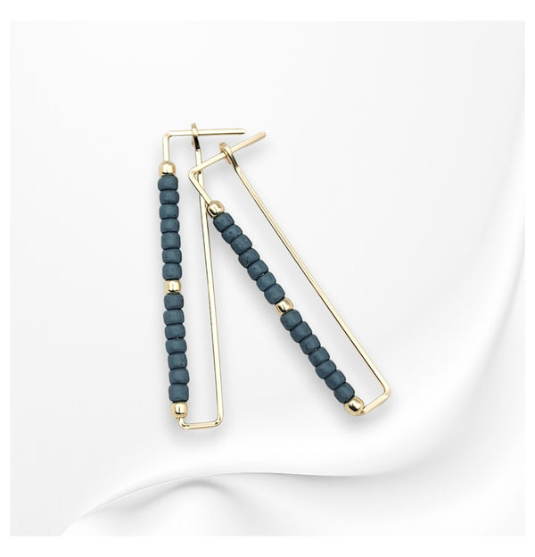 Gold Rectangle & Dark Teal Seed Bead Earrings