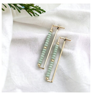 Gold Rectangle & Mint Seed Bead Earrings