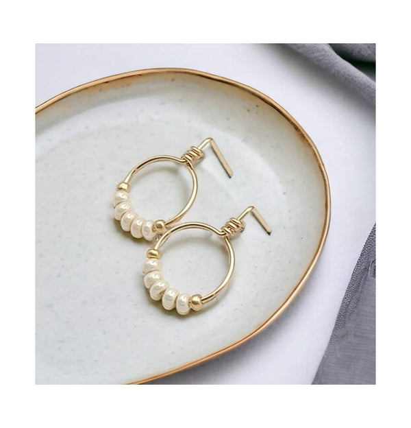 Gold & Pearl Beaded Hoop Stud Earrings