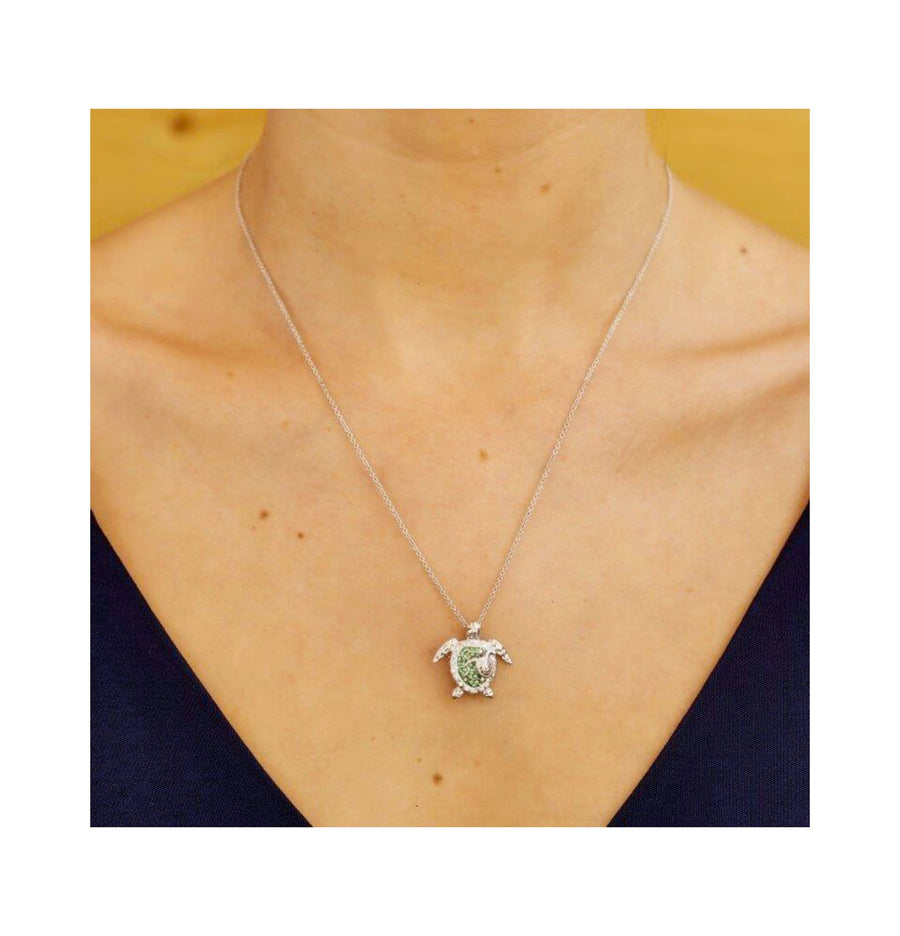 Sterling Silver Mother & Baby Turtle Crystal Necklace
