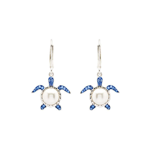 Sterling Silver Pearl Sea Turtle Earrings with Sapphire Crystals
