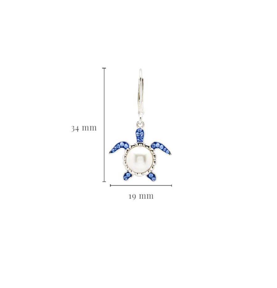 Sterling Silver Pearl Sea Turtle Earrings with Sapphire Crystals