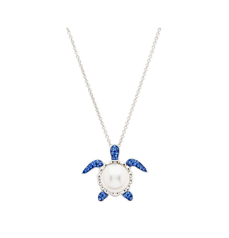 Sterling Silver Pearl Sea Turtle Necklace with Sapphire Crystals