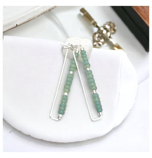 Silver Rectangle & Sea Glass Seed Bead Earrings