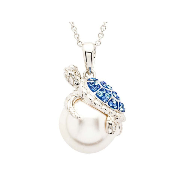 Sterling Silver Sea Turtle Necklace with Pearl and Sapphire Crystals
