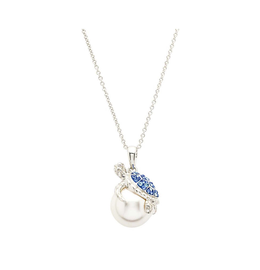 Sterling Silver Sea Turtle Necklace with Pearl and Sapphire Crystals