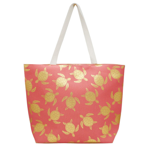 Coral/Gold Turtle Tote Bag-Coral